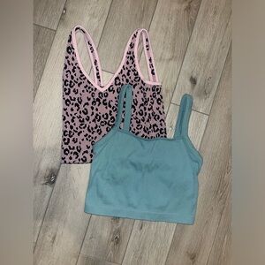 Pink Leopard Print Cropped Tank & Teal Ribbed Crop Top - 2 Pack